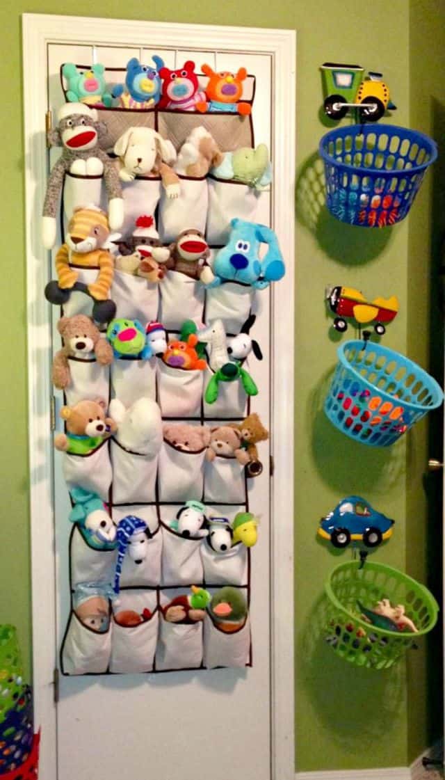 Store stuffed animals in a shoe bag on the inside of a closet door.
