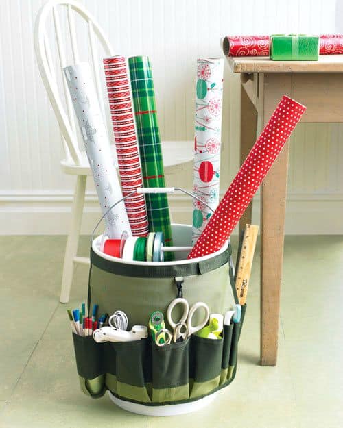 Bucket organizer for wrapping paper supplies