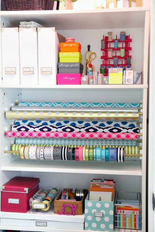 Customize the interior of a bookcase or a closet to hold all of your wrapping paper and supplies