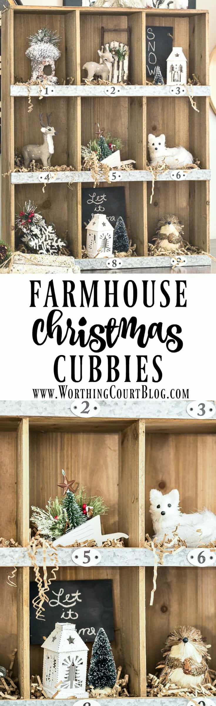 Rustic farmhouse style cubbies filled with tree ornaments for Christmas