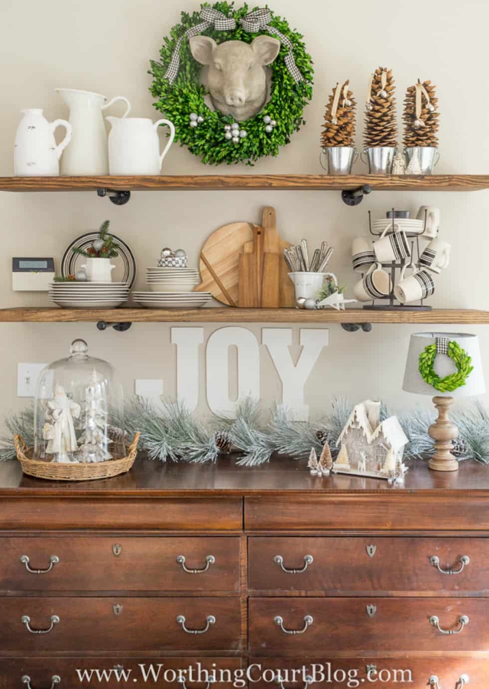 Rustic Industrial Farmhouse Shelves Decorated For Christmas