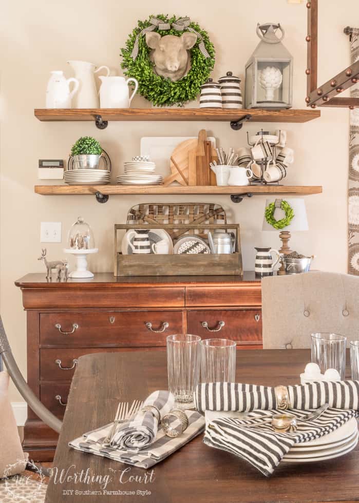 DIY rustic farmhouse open kitchen shelves.