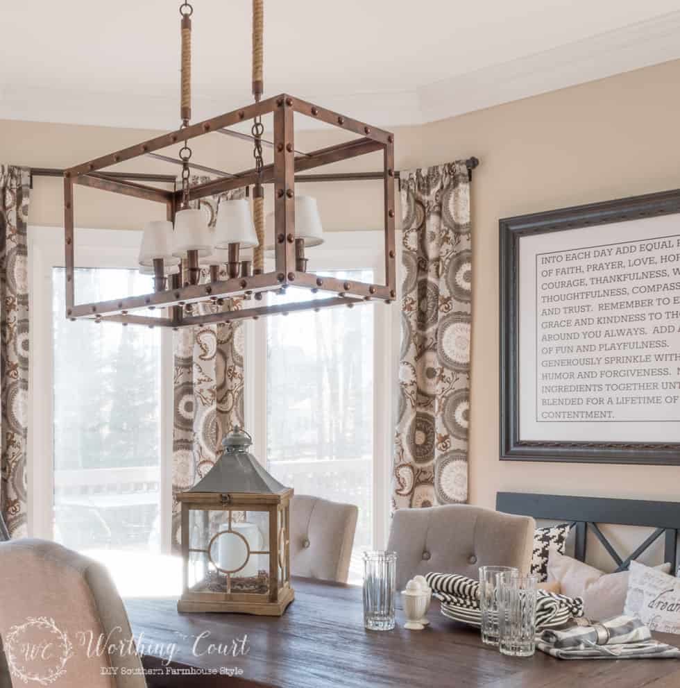 Rustic Industrial light fixture for a farmhouse style breakfast area and kitchen.