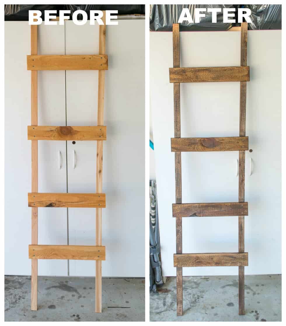 A picture of the ladder before being painted and an after picture.