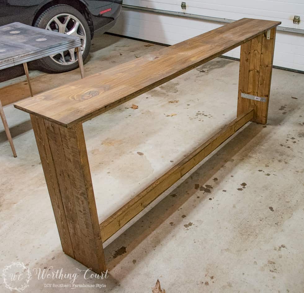 The sofa table built and in the garage.