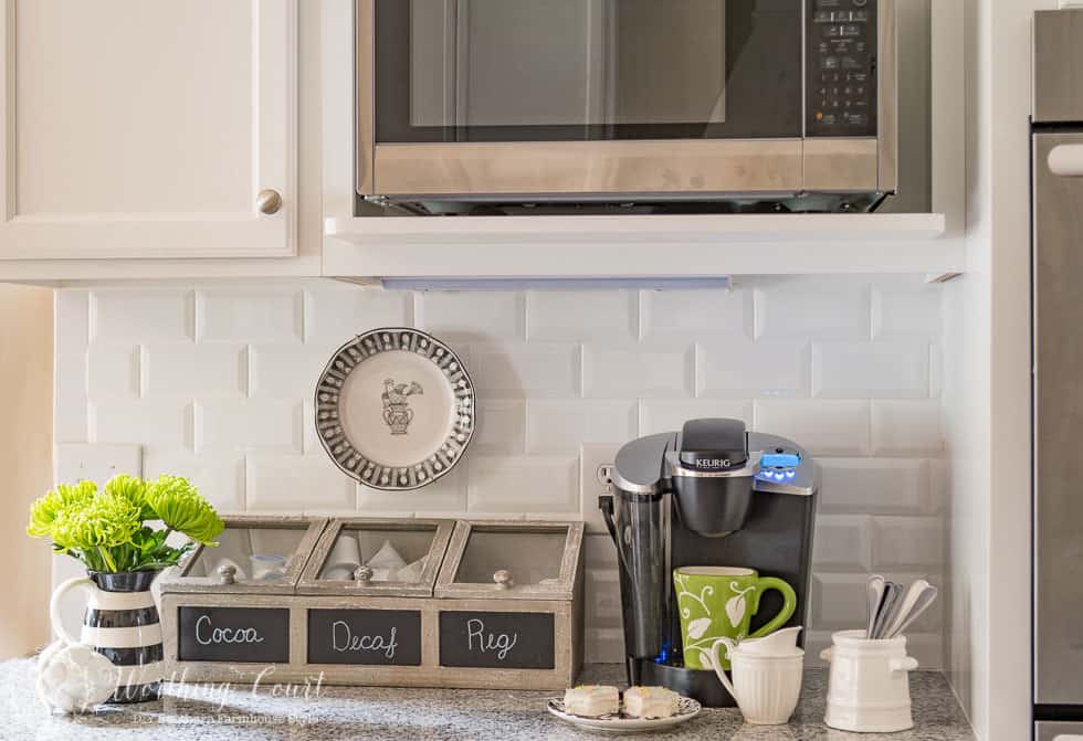 Farmhouse style kitchen coffee station with spring touches