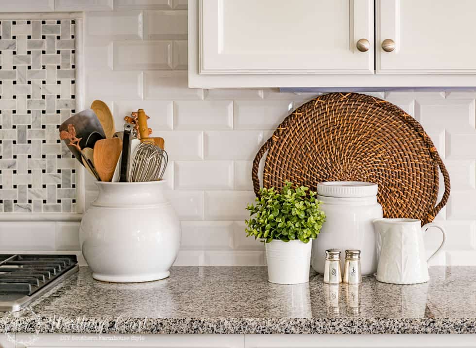 Farmhouse style white kitchen with spring touches