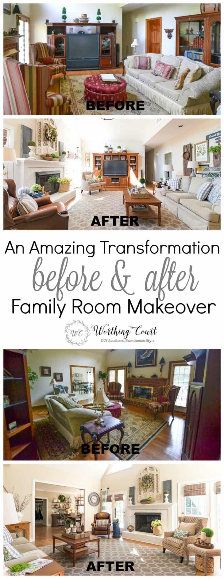 Amazing before and after family room makeover. Taken from dark and dated to bright and inviting with rustic farmhouse touches.
