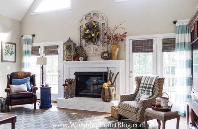 The before and after of this family room is amazing. It was taken from dark and dated to light and bright filled with rustic farmhouse touches.