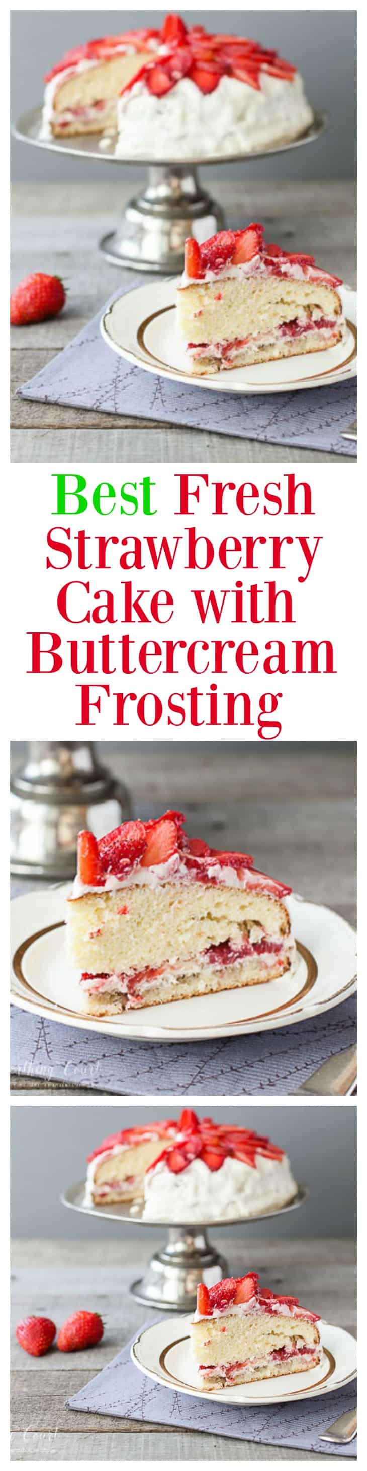 This strawberry cake recipe is one of my favorite ways to enjoy fresh strawberries. It's easy to put together because it starts out with white cake mix and strawberry gelatin. Only a few more ingredients are needed. It has the best strawberry flavor and is wonderfully moist. The only thing that makes the cake better is the buttercream frosting!