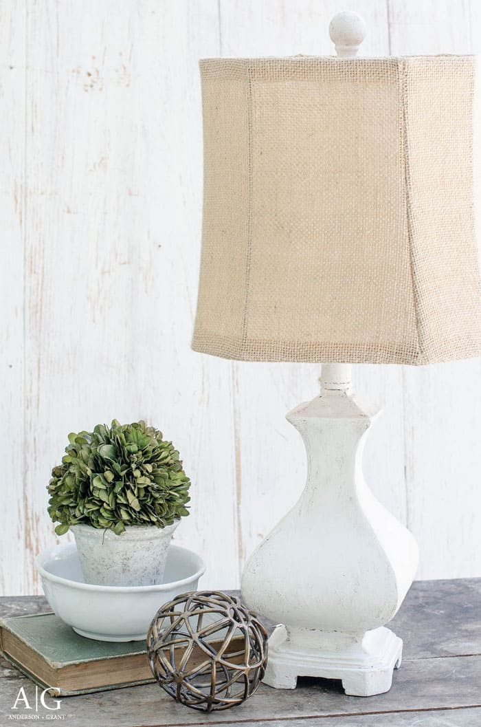 Rustic farmhouse diy lamp makeover using joint compound and paint.