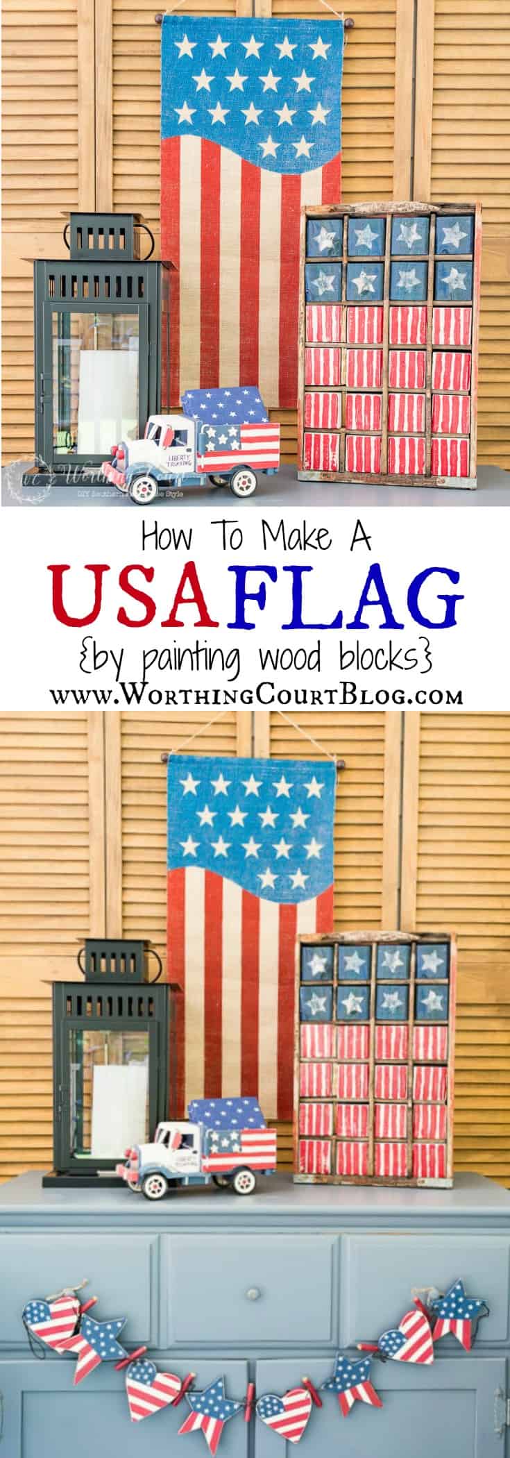 An easy and fun patriotic craft for Memorial Day, Flag Day and July 4th. How to create a vintage Americana look flag by painted wood blocks. Even kids would love to take apart and put the USA flag back together.