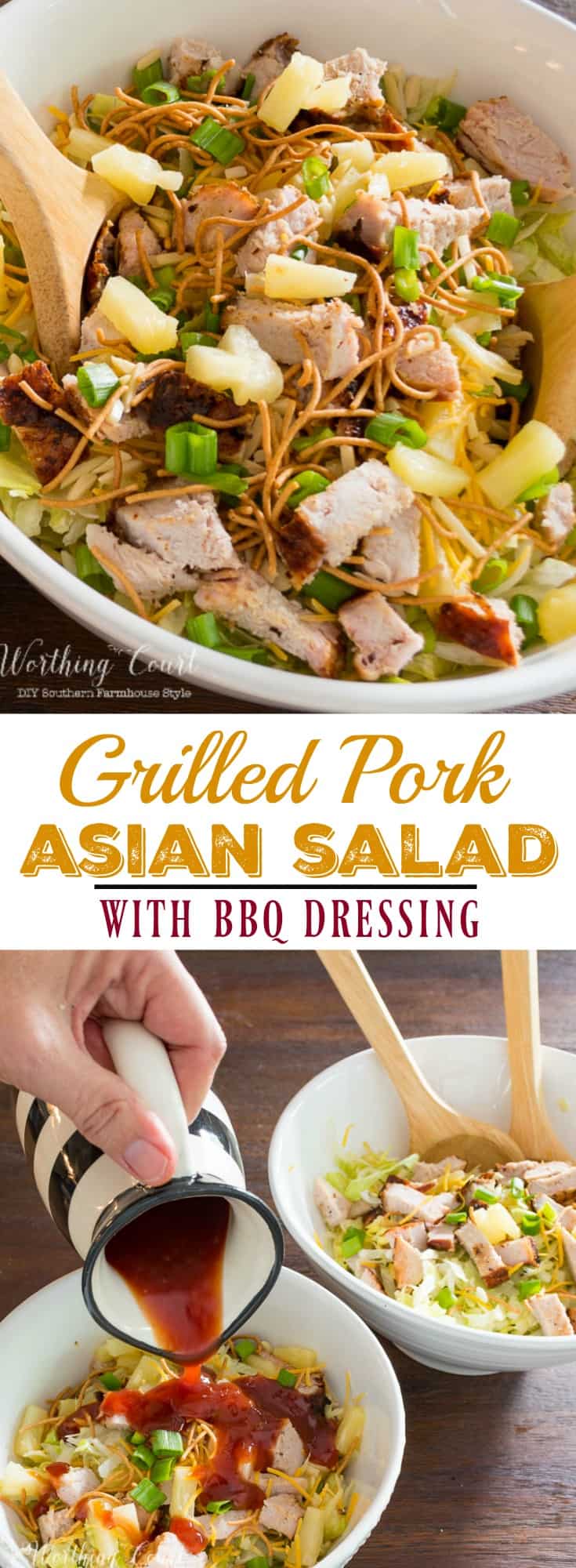 Yummy and Easy Grilled Pork Asian Salad Recipe with BBQ Dressing graphic.