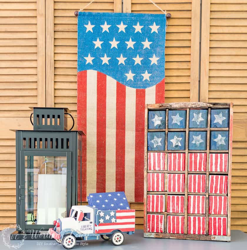 A vintage Americana USA flag display made with painted wood blocks