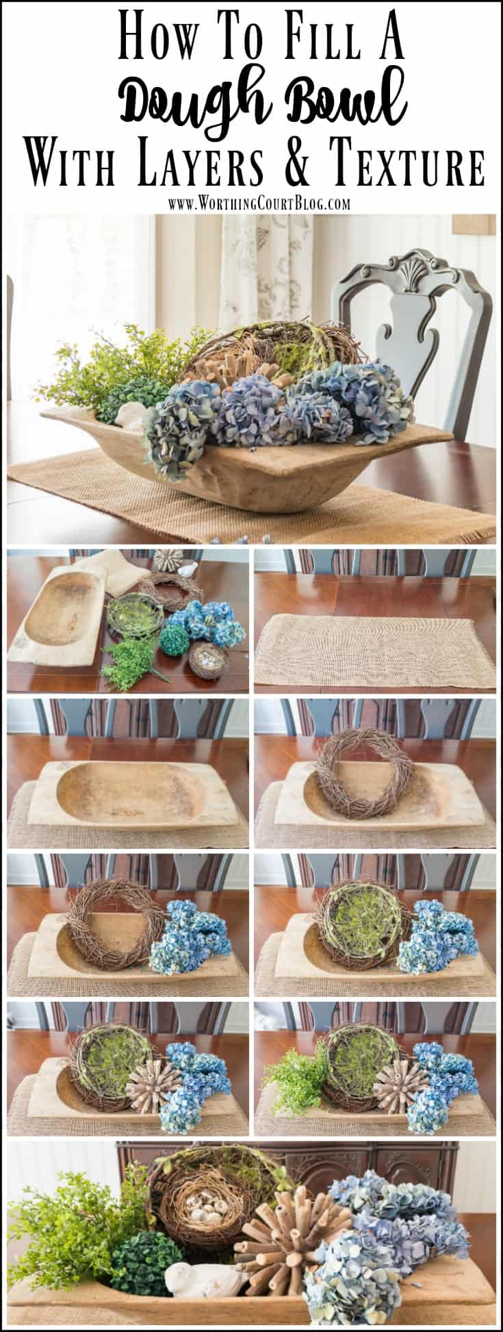 How to fill a large dough bowl with something besides candles or orbs. Step by step directions for how to fill it with layers and texture.
