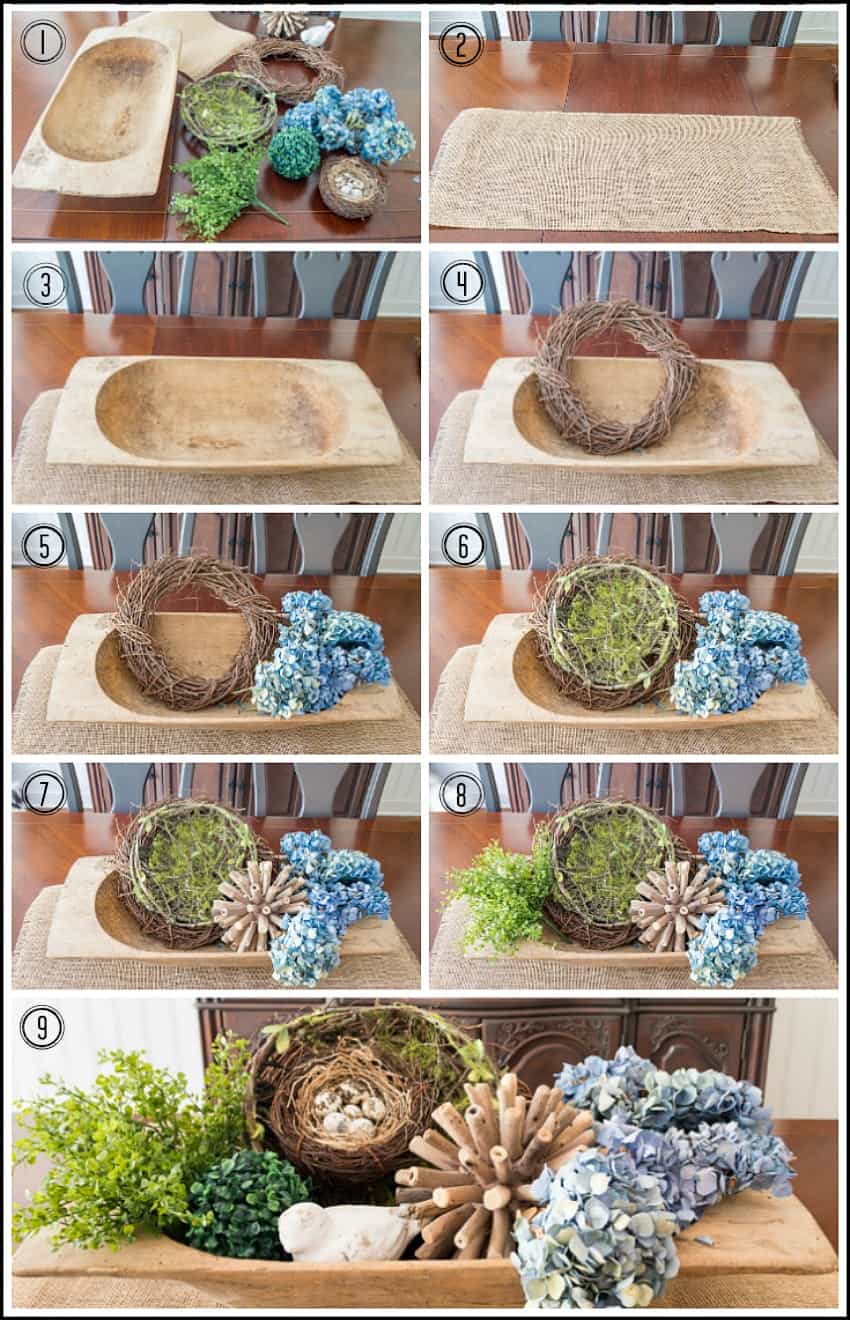 Step by step photos of how to create a dough bowl display.