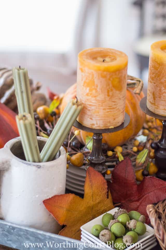 Consider using unexpected pieces when determining how to make your fall centerpiece. #fall #centerpiece #howto