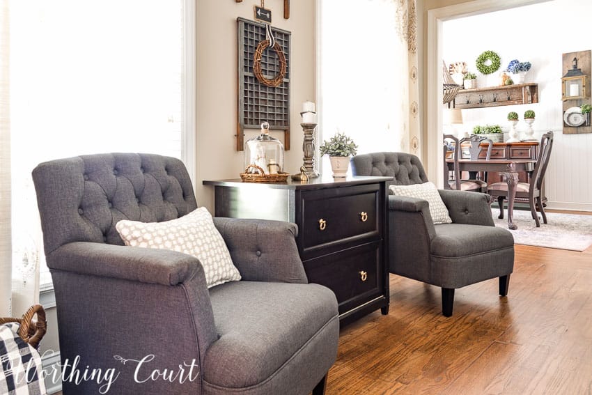 A pair of gray arm chairs will look great in a farmhouse home office