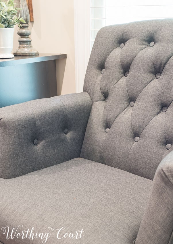 Gray tufted arm chair from Hayneedle- diamond tufting detail