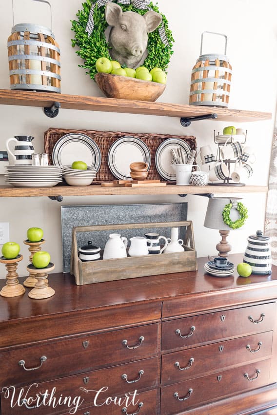 Early fall rustic farmhouse open shelves