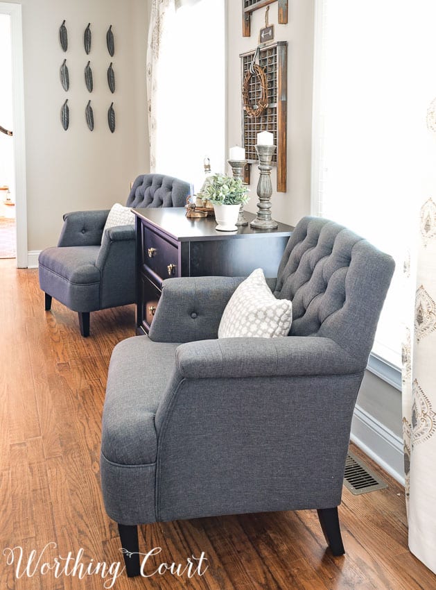 Pair of gray club chairs for a farmhouse office