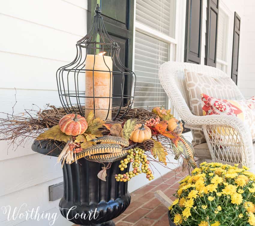 Fall urn with a lantern, twig wreaths and fall picks || Worthing Court