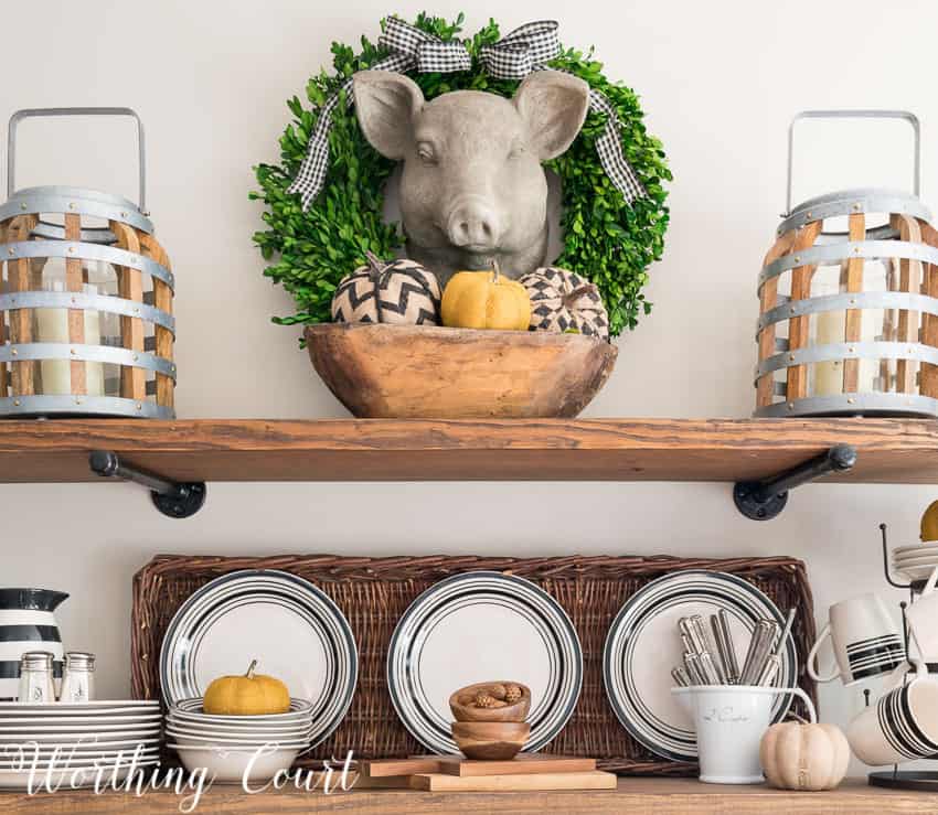 rustic shelves with fall decorations