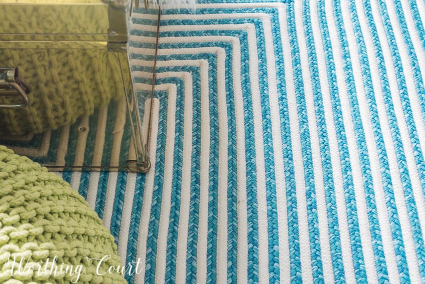 Turquoise and white indoor outdoor rug