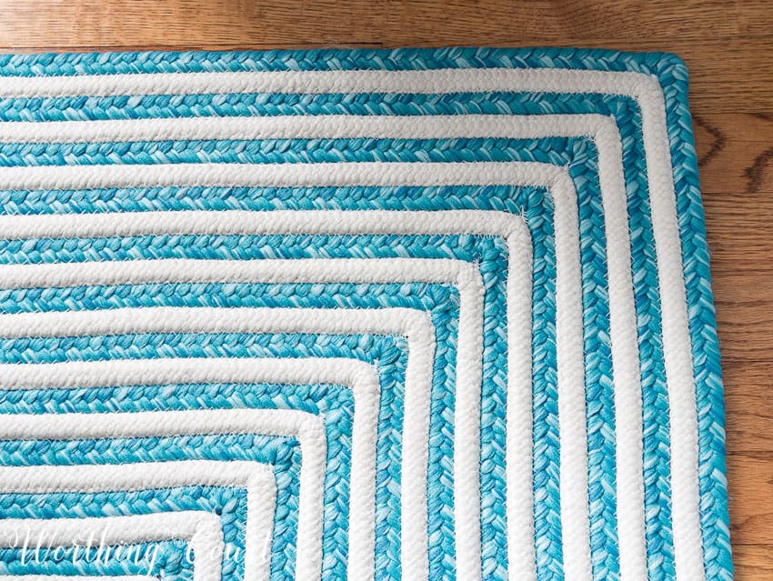Turquoise and white striped indoor-outdoor rug || Worthing Court