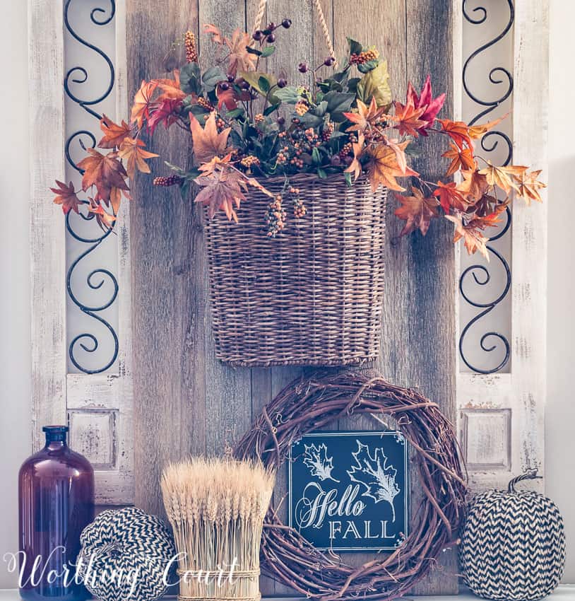 Fall hanging basket above the fireplace
