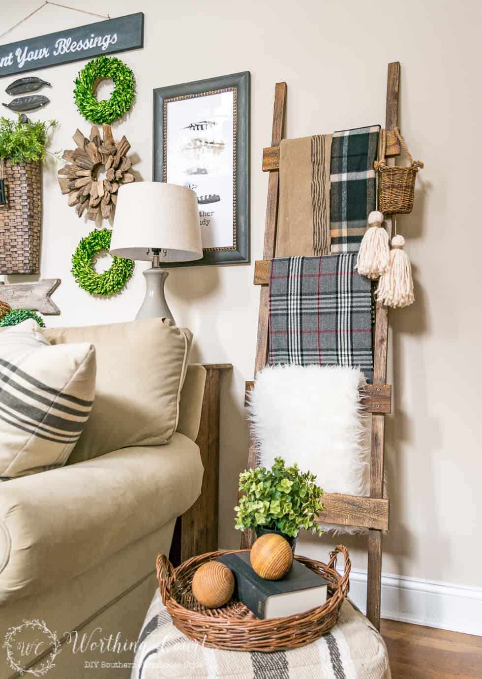 Pile a blanket ladder with throws in several different patterns to create an instant cozy feel to a room