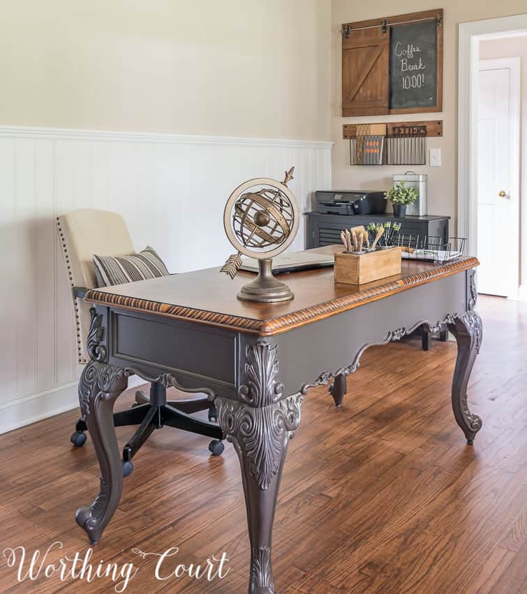 A small chest in a home office makes a great piece to hold your printer and office supplies || Worthing Court