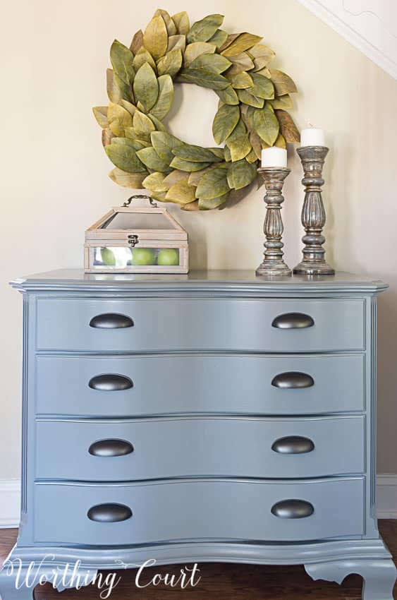 Traditional cherry chest painted gray with industrial hardware || Worthing Court