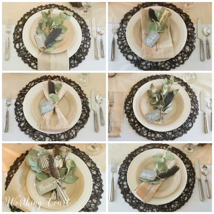 Six different Thanksgiving place settings using the same elements