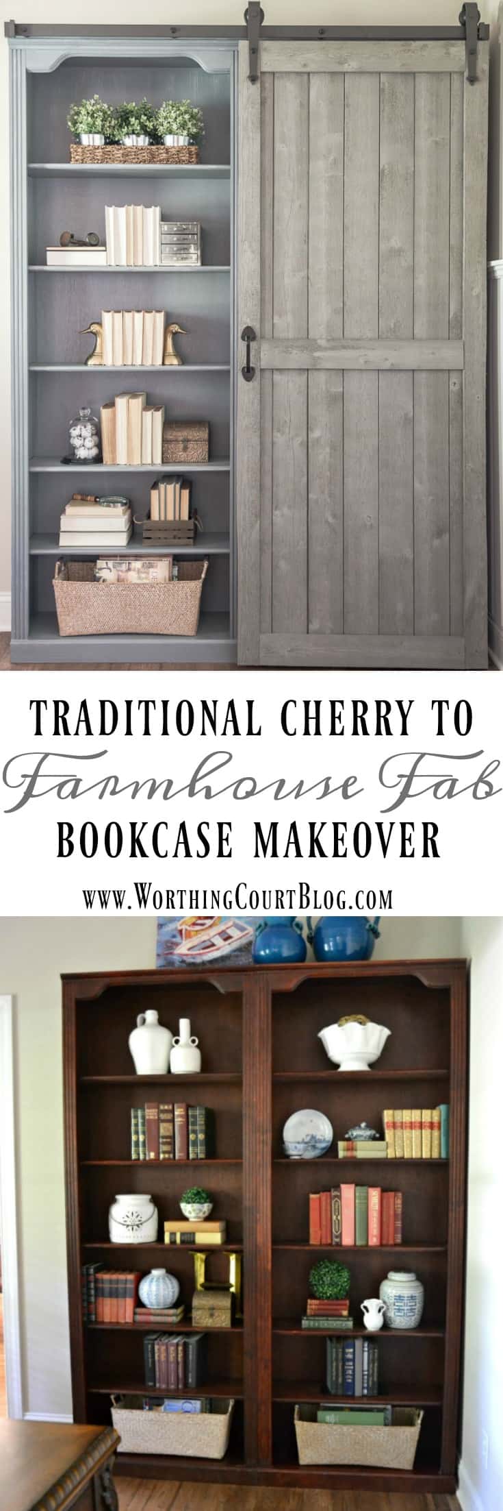 Traditional cherry bookcase makeover with a diy sliding barn door || Worthing Court