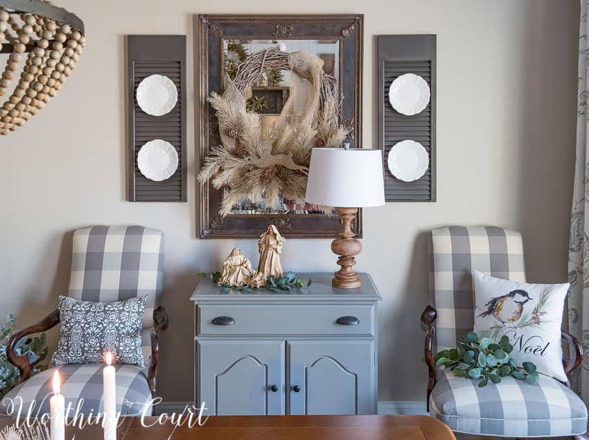 Rustic farmhouse glam Christmas dining room sideboard and mirror || Worthing Court