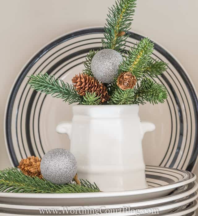 Fill a sugar bowl with real or faux greenery, a pinecone or two and a Christmas ornament. Christmas in under 5 minutes! || Worthing Court