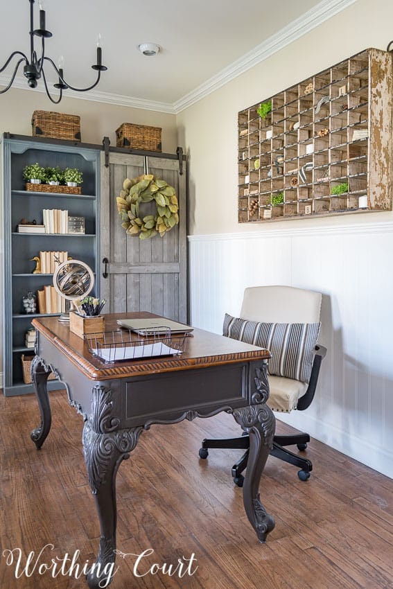 An antique mail sorter becomes large scale "art" in a farmhouse style home office || Worthing Court
