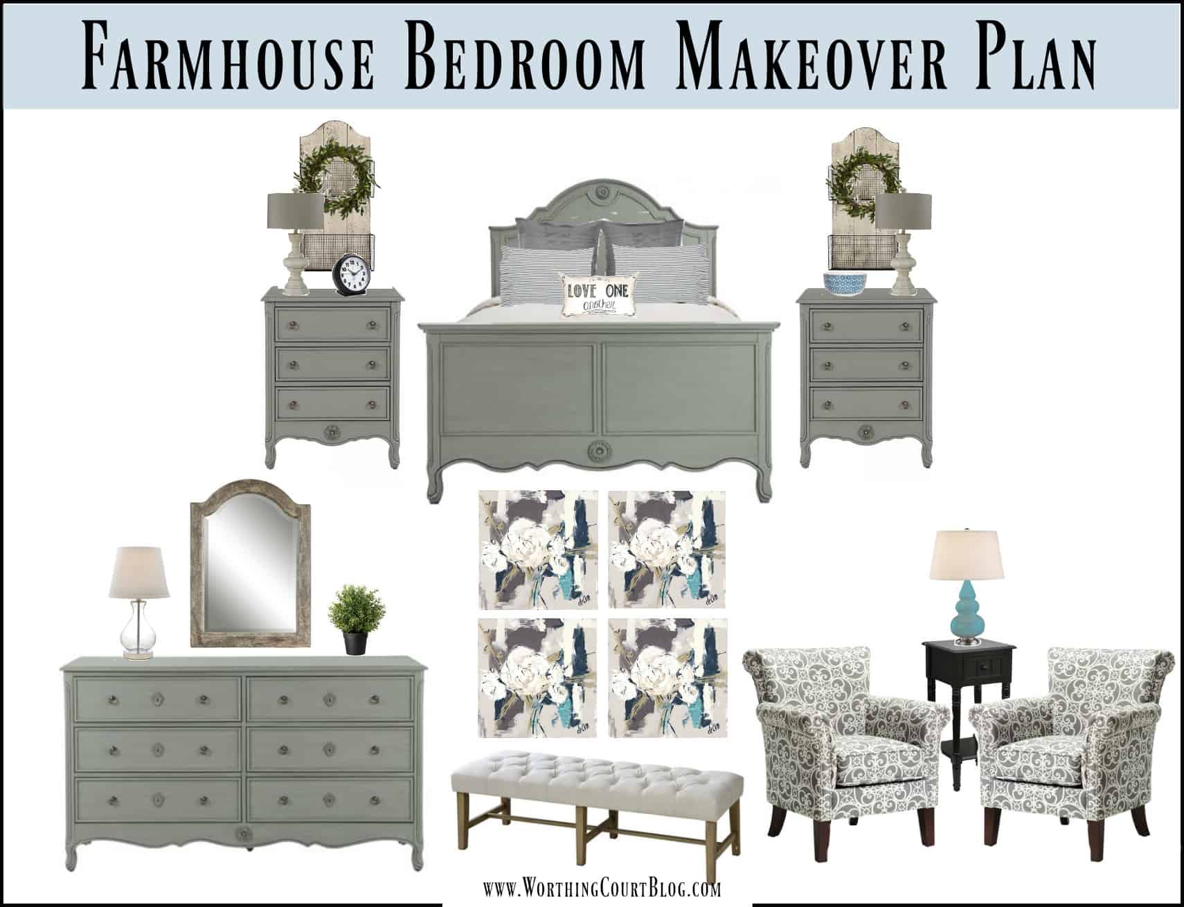Farmhouse style bedroom makeover plans mood board.