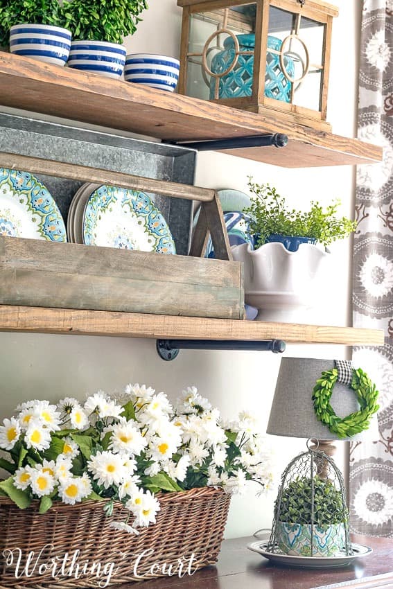 Rustic farmhouse open shelves decorated with blue and green for summer || Worthing Court