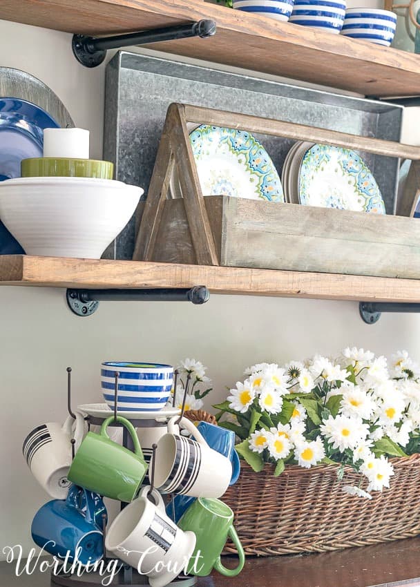 Rustic farmhouse open shelves decorated with blue and green for summer || Worthing Court