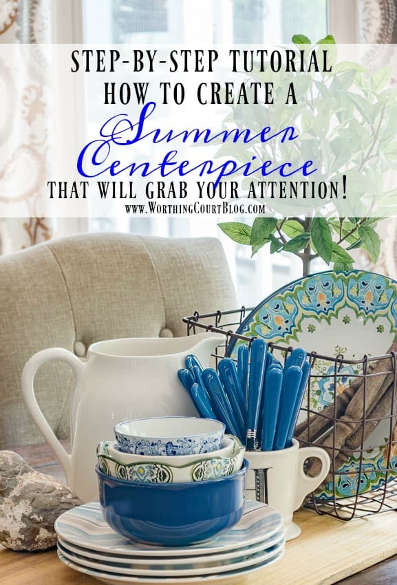 A step by step tutorial for putting together an eye catching farmhouse style summer centerpiece for you table using items from your own stash || Worthing Court