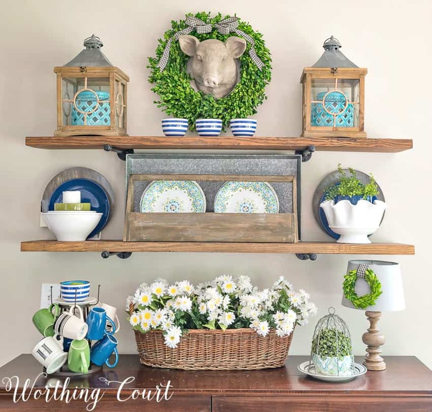 Rustic farmhouse open shelves decorated with blue and green for the summer || Worthing Court