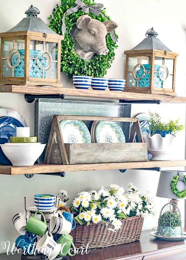 Rustic farmhouse open shelves with blue and green summer decor || Worthing Court