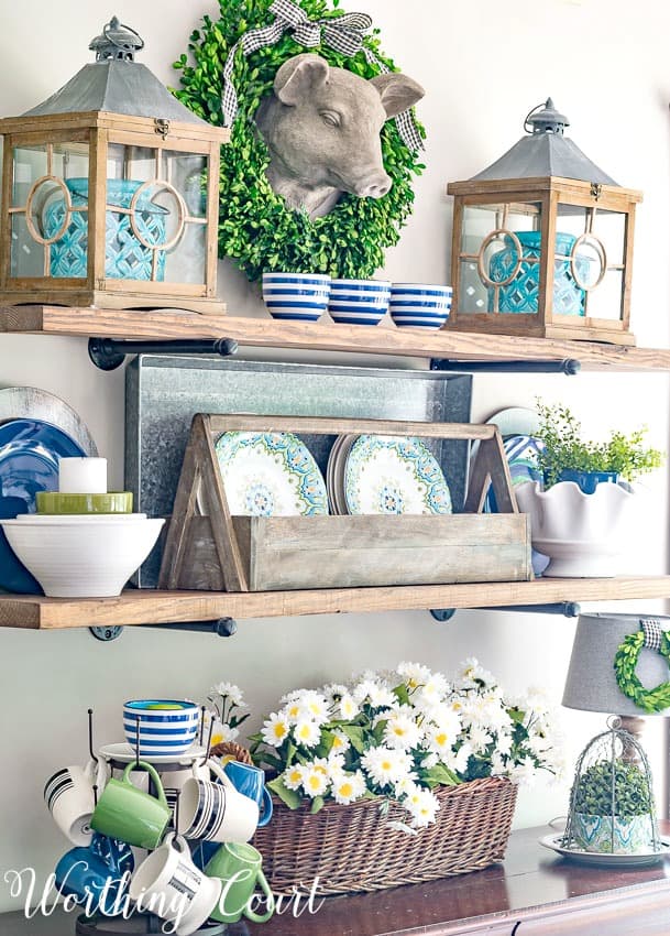 Rustic farmhouse open shelves decorated for summer