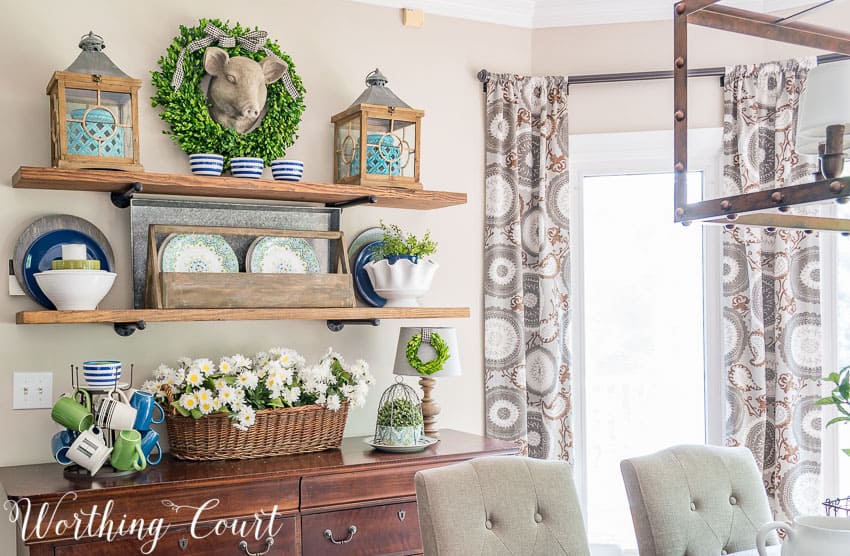 Rustic farmhouse open shelves decorated with blue and green for summer || Worthing Court