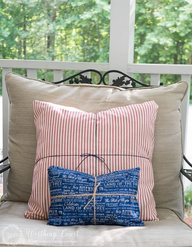 No need to buy or sew new pillows for July 4th and other patriotic holidays. If you can wrap a present, then you can wrap a pillow with fabric. Secure with twine or ribbon. Easy and fast! || Worthing Court