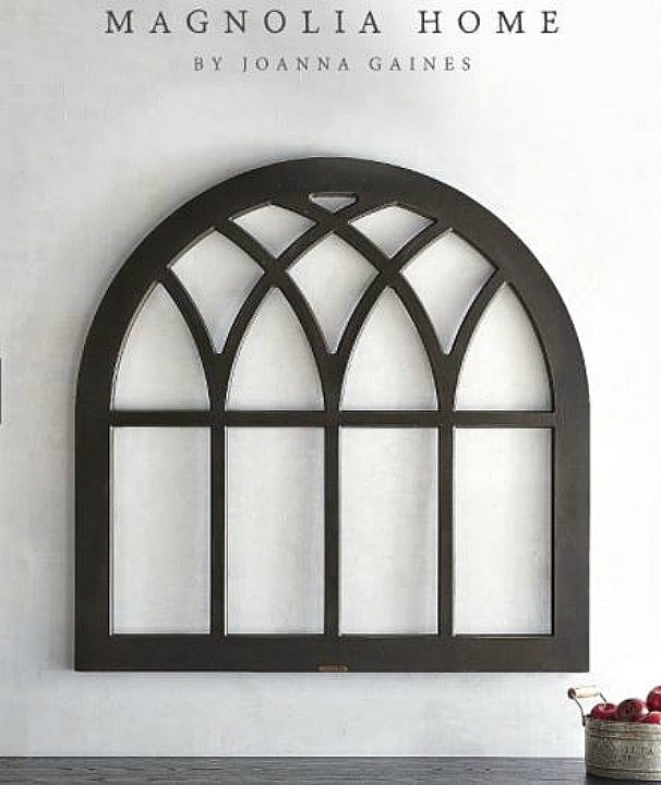 Would love a magnolia wreath displayed on this Magnolia Home cathedral window frame wall decor || Worthing Court
