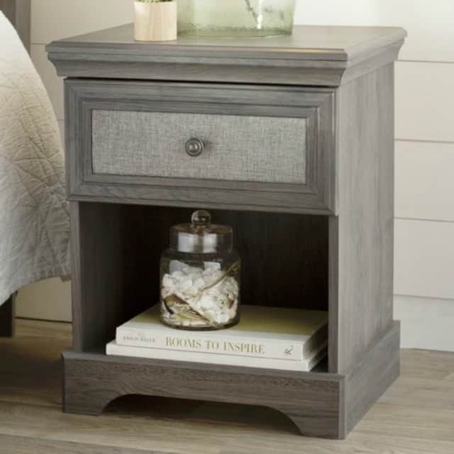 A great looking fabric detail on the drawer-front of this very affordable nightstand || Worthing Court