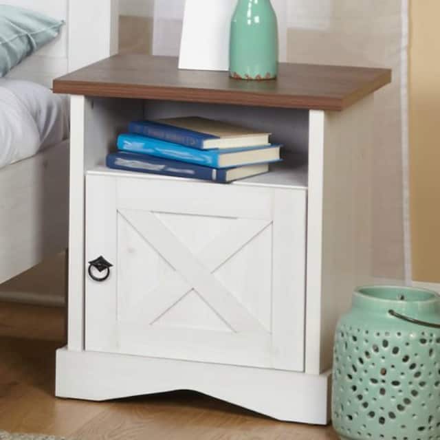 I love the X detail and hardware on this nightstand, plus the wood stained top || Worthing Court